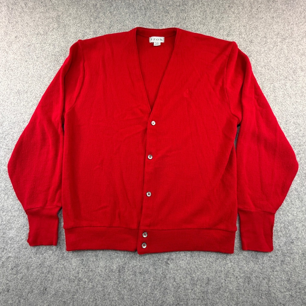 Vintage IZOD Red Cardigan Sweater Mens XL Acrylic V-Neck Made in USA Crest Logo